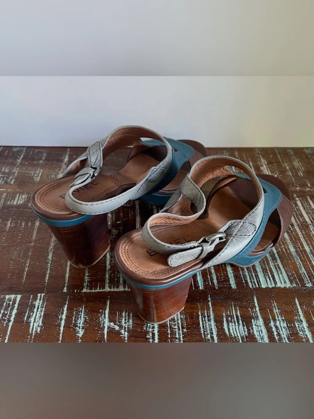 BIVIEL Leather Wedge Sandals in Blue, Brown & Gray